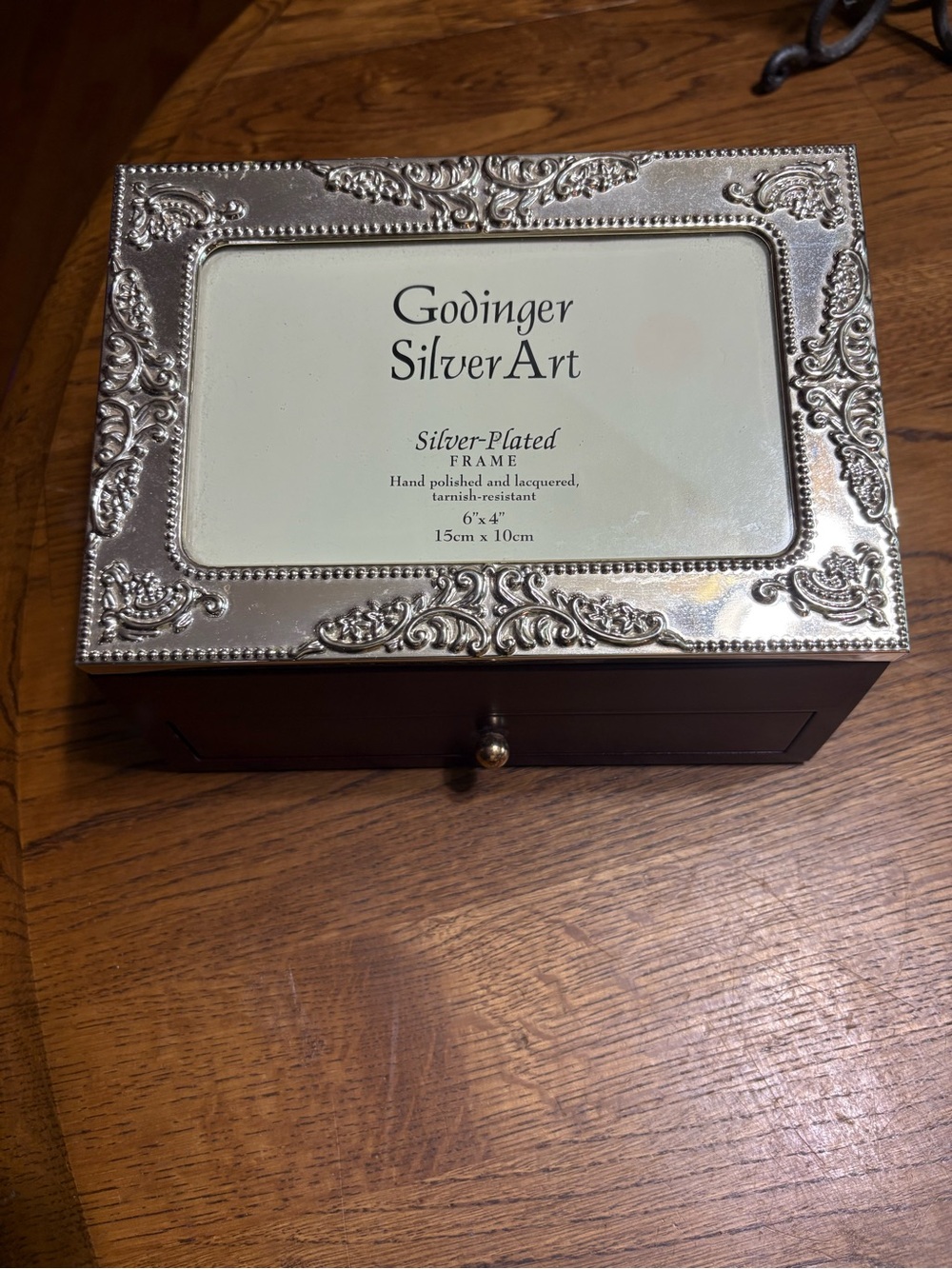 Godinger Silver-Plated Ornate Jewelry Box with Brown Wood Base